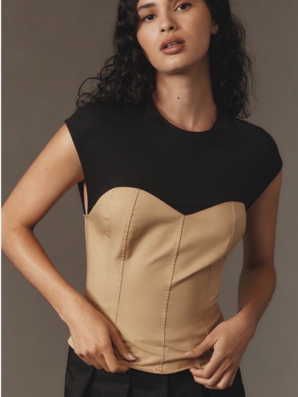 Anthropologie Black and Tan Corset Two-Tone Cap Sleeve Top ladies size XL NWT